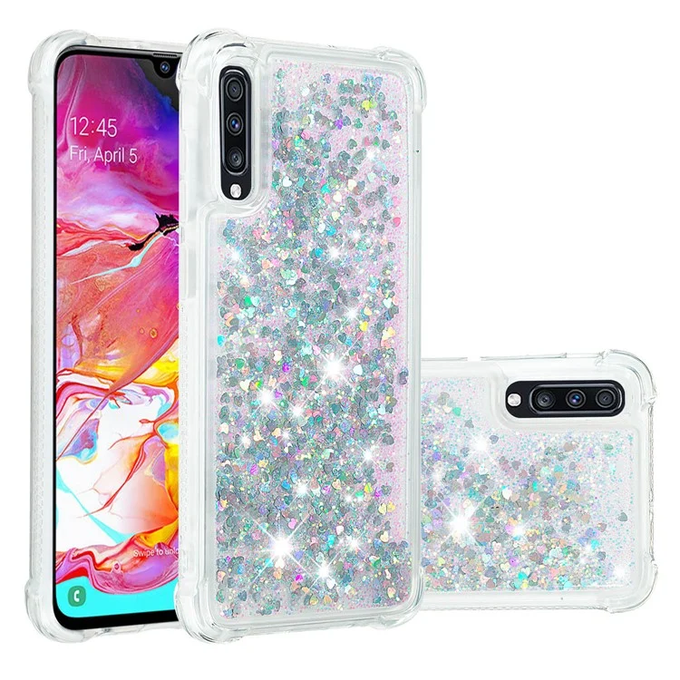 Liquid Glitter Powder Patterned Quicksand Shockproof TPU Back Casing for Samsung Galaxy A70 - Silver Love Hearts