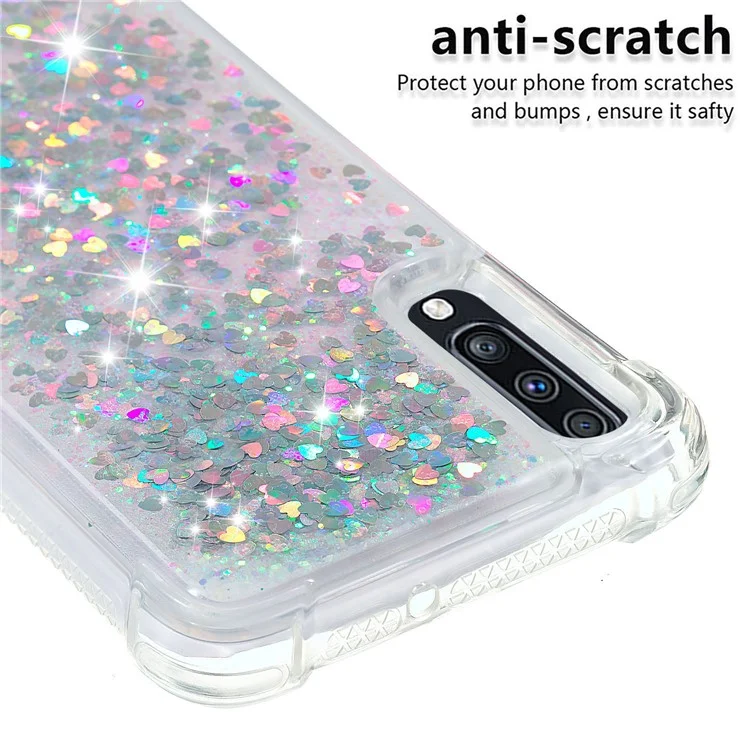 Liquid Glitter Powder Patterned Quicksand Shockproof TPU Back Casing for Samsung Galaxy A70 - Silver Love Hearts