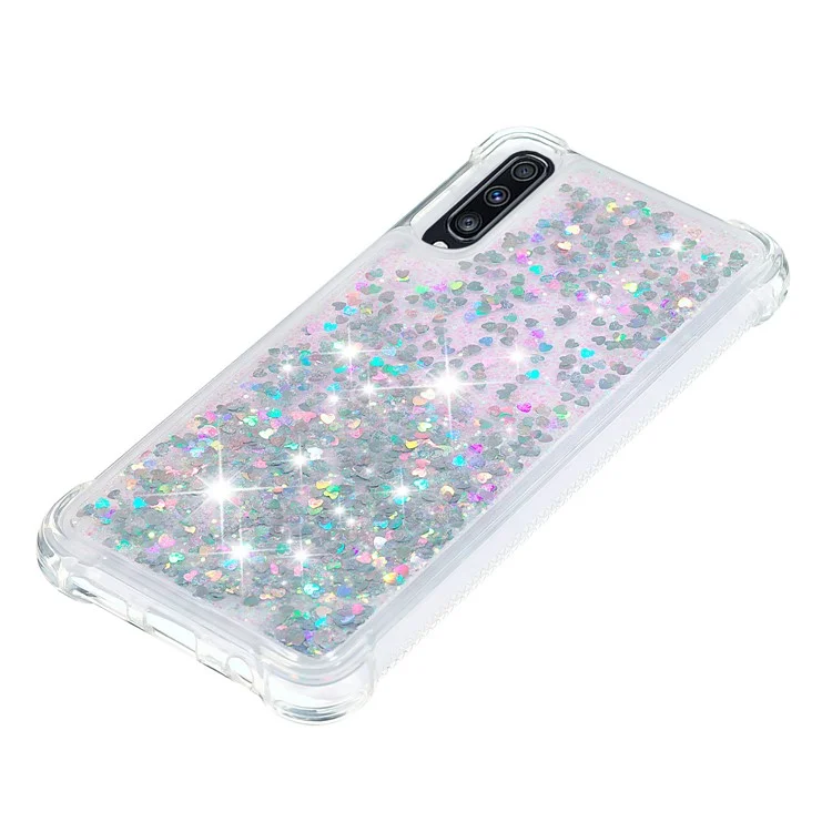 Liquid Glitter Powder Patterned Quicksand Shockproof TPU Back Casing for Samsung Galaxy A70 - Silver Love Hearts
