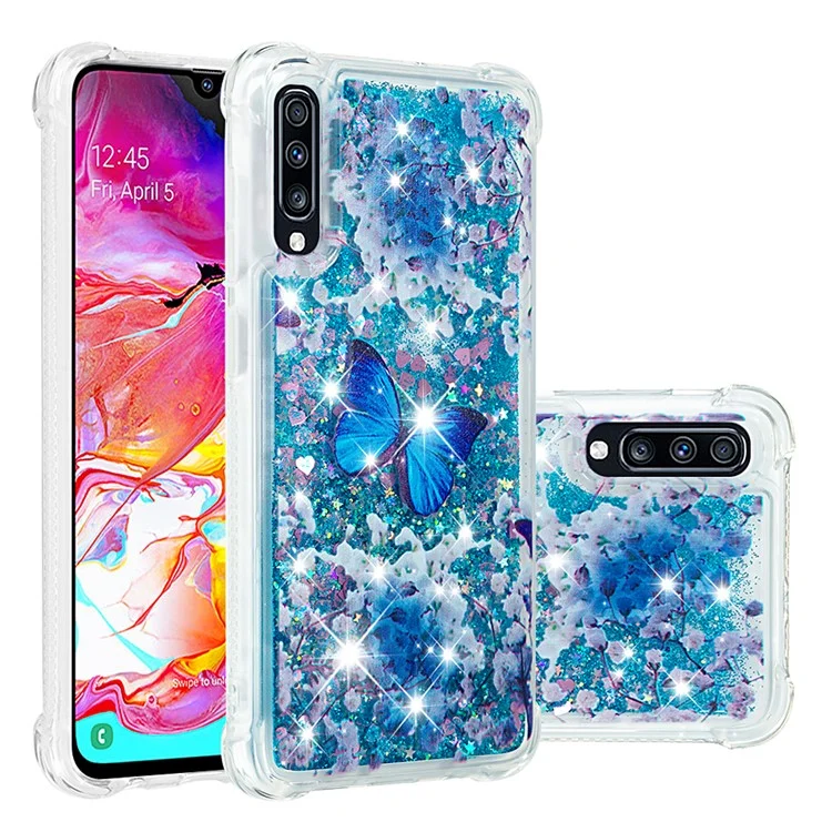 Liquid Glitter Powder Patterned Quicksand Shockproof TPU Back Case for Samsung Galaxy A70 - Blue Butterfly