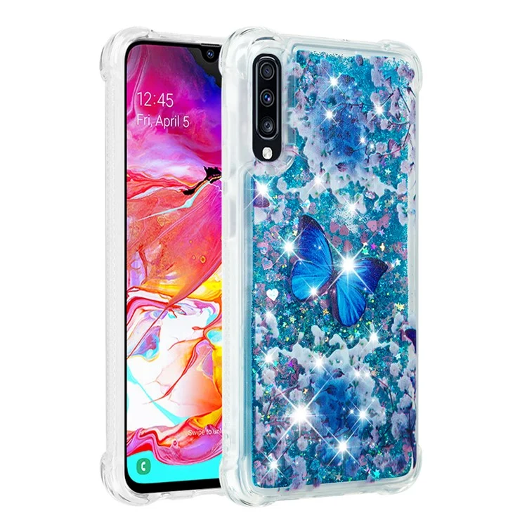 Liquid Glitter Powder Patterned Quicksand Shockproof TPU Back Case for Samsung Galaxy A70 - Blue Butterfly