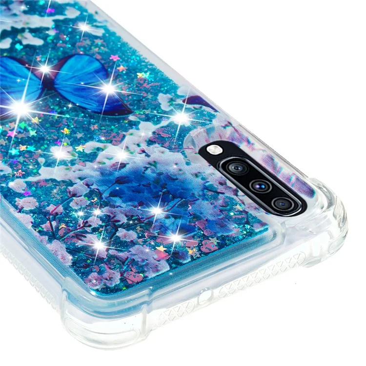 Liquid Glitter Powder Patterned Quicksand Shockproof TPU Back Case for Samsung Galaxy A70 - Blue Butterfly