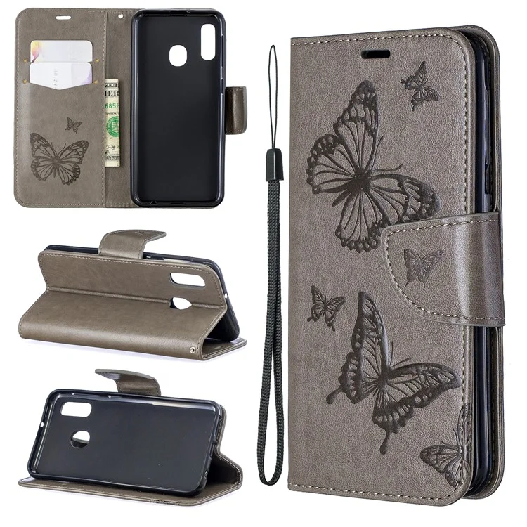 Imprint Butterfly PU Leather Wallet Flip Case with Strap for Samsung Galaxy A20e - Grey