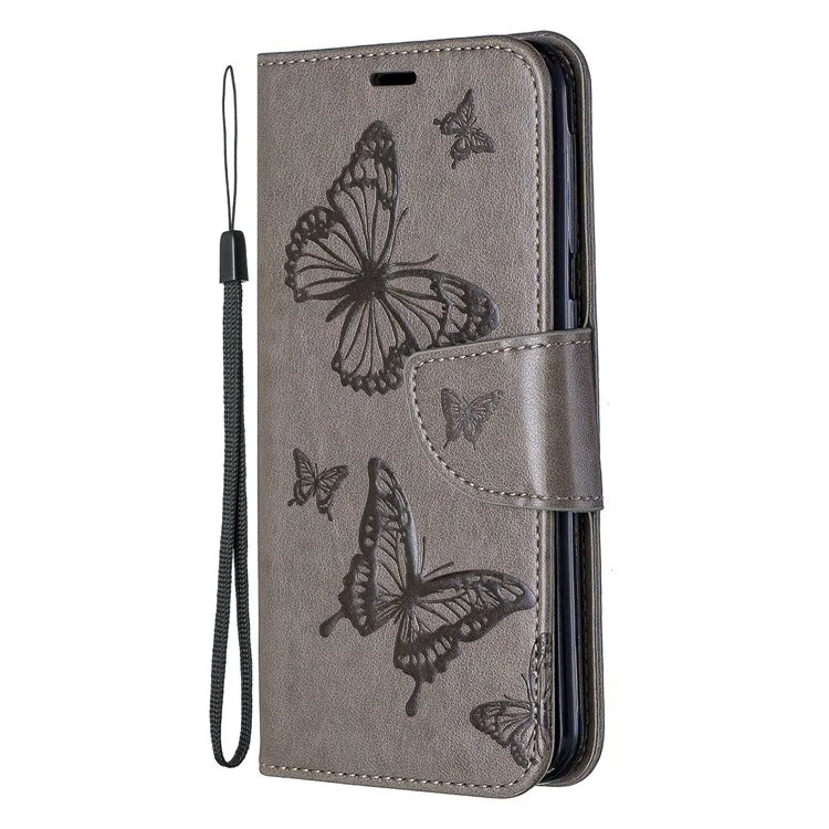 Imprint Butterfly PU Leather Wallet Flip Case with Strap for Samsung Galaxy A20e - Grey