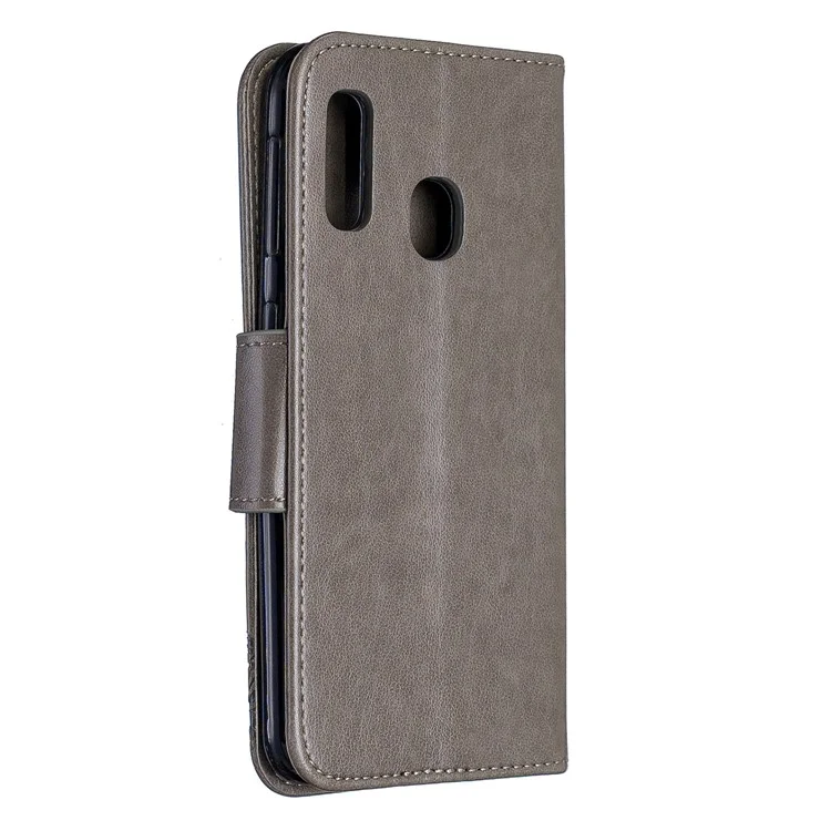 Imprint Butterfly PU Leather Wallet Flip Case with Strap for Samsung Galaxy A20e - Grey