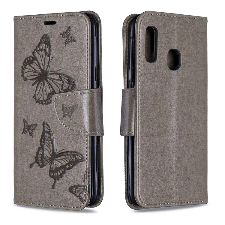 Imprint Butterfly PU Leather Wallet Flip Case with Strap for Samsung Galaxy A20e - Grey