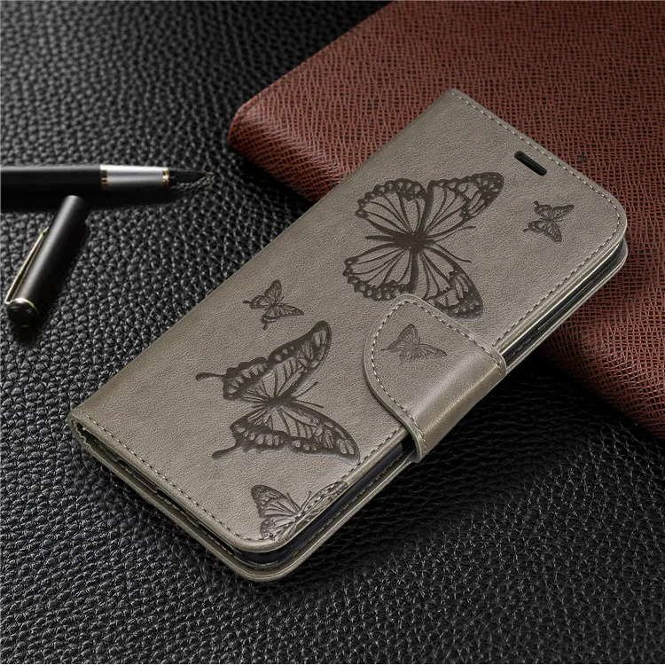 Imprint Butterfly PU Leather Wallet Flip Case with Strap for Samsung Galaxy A20e - Grey