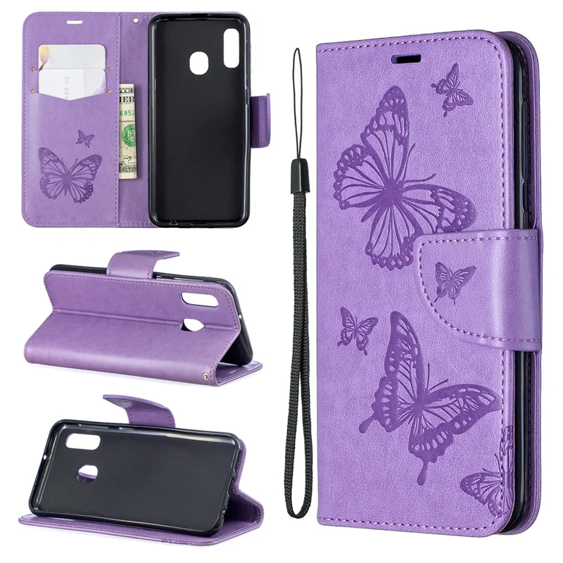 Imprint Butterfly PU Leather Wallet Flip Case with Strap for Samsung Galaxy A20e - Purple