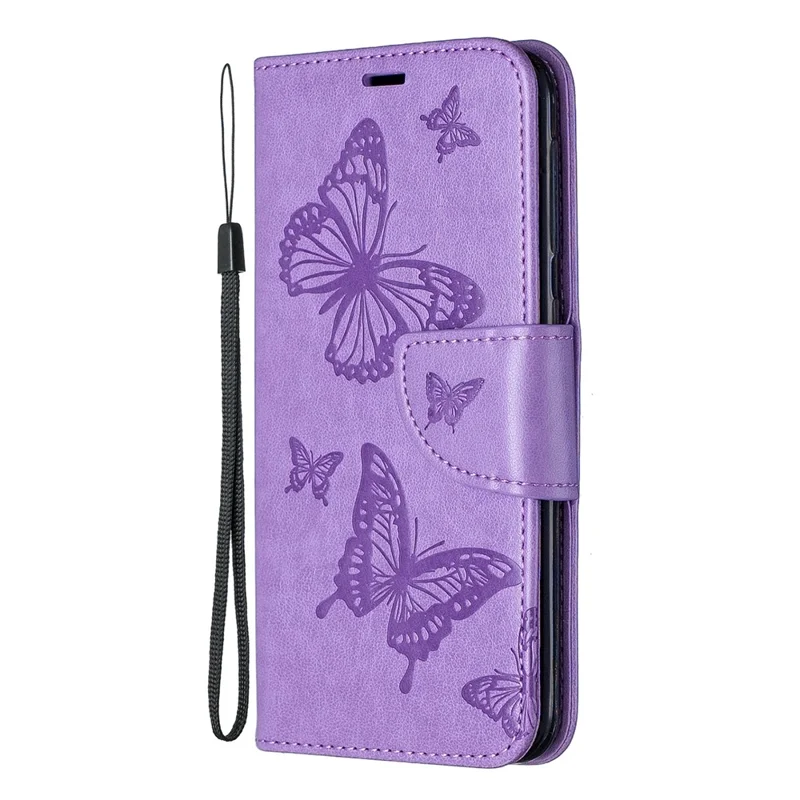 Imprint Butterfly PU Leather Wallet Flip Case with Strap for Samsung Galaxy A20e - Purple