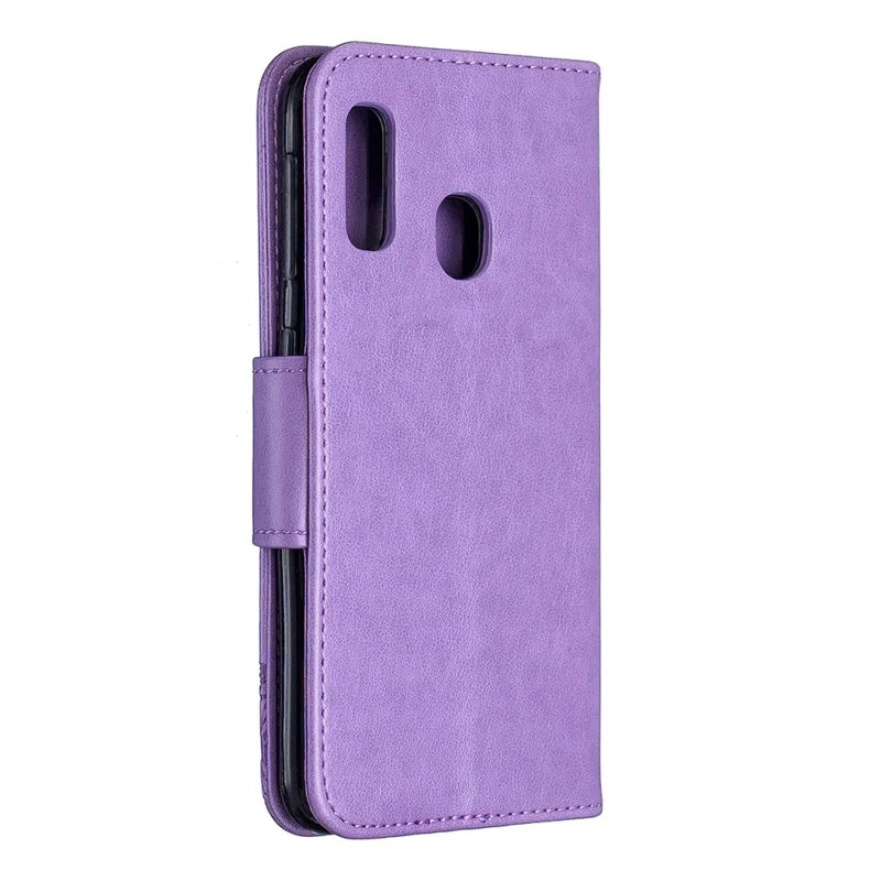 Imprint Butterfly PU Leather Wallet Flip Case with Strap for Samsung Galaxy A20e - Purple