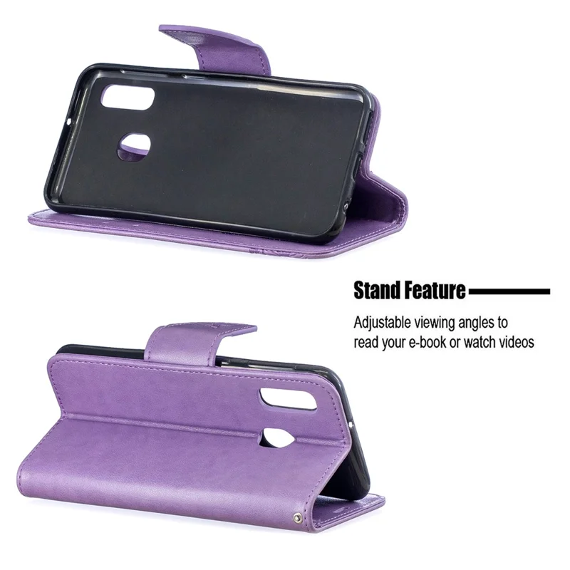 Imprint Butterfly PU Leather Wallet Flip Case with Strap for Samsung Galaxy A20e - Purple