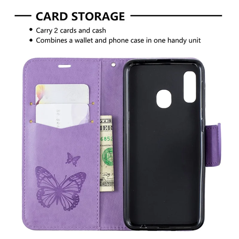 Imprint Butterfly PU Leather Wallet Flip Case with Strap for Samsung Galaxy A20e - Purple