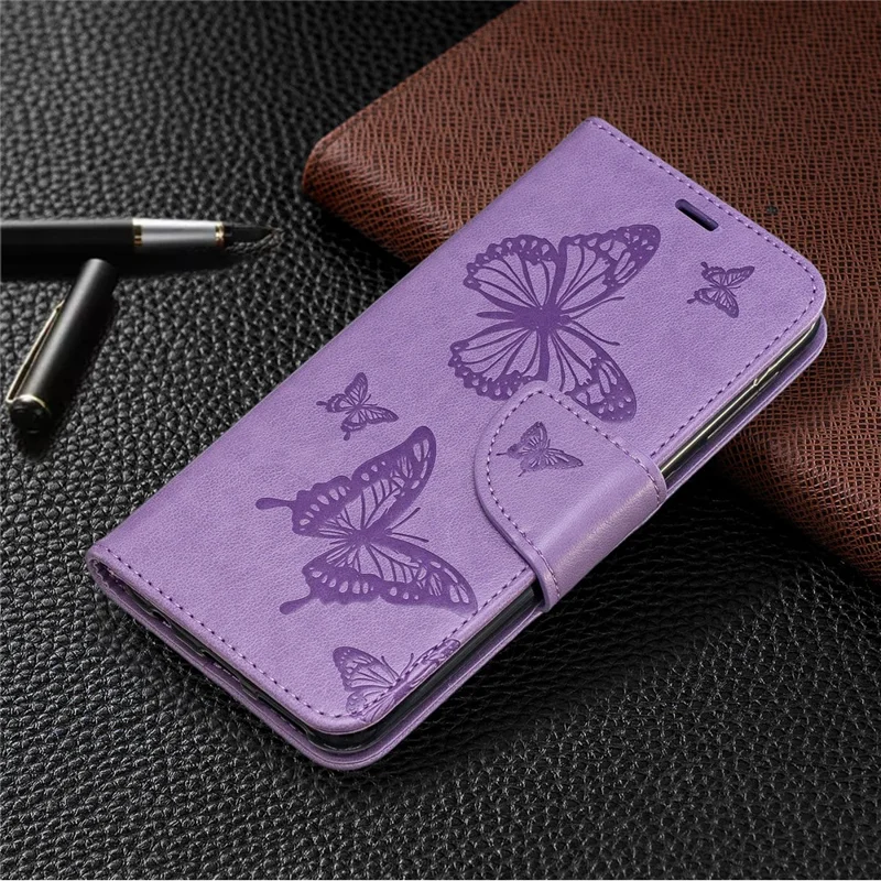 Imprint Butterfly PU Leather Wallet Flip Case with Strap for Samsung Galaxy A20e - Purple