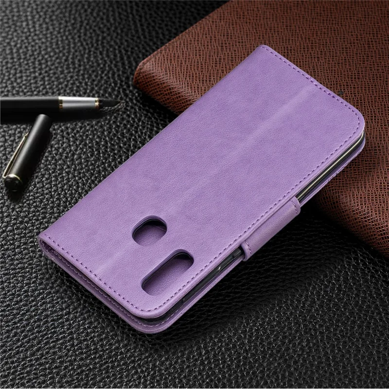Imprint Butterfly PU Leather Wallet Flip Case with Strap for Samsung Galaxy A20e - Purple