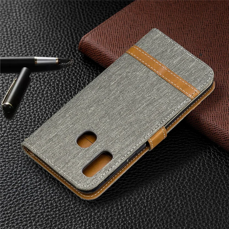 Jeans Cloth Leather Wallet Case for Samsung Galaxy A20e - Grey