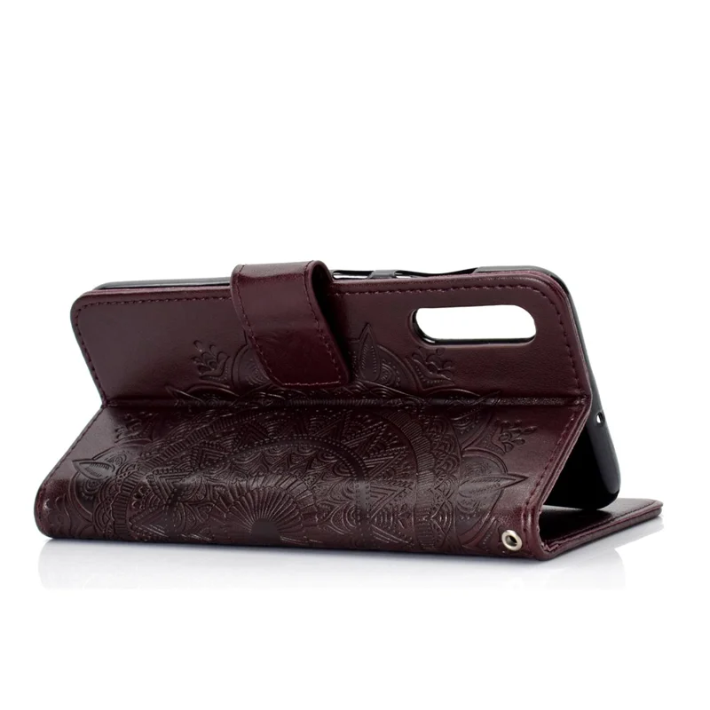 Imprint Flower læderpengebogstaske til Samsung Galaxy A70 - Brun