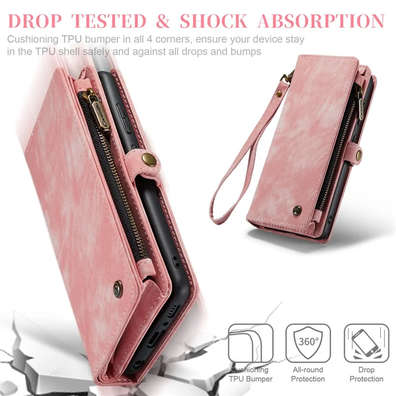 CASEME 008 Series for Samsung Galaxy A20 / 30 PU Leather Magnetic Detachable Zipper Case Multi-slot Wallet Stand Flip Phone Cover - Pink