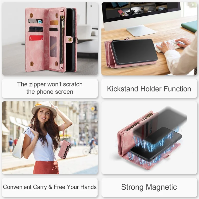 CASEME 008 Series for Samsung Galaxy A20 / 30 PU Leather Magnetic Detachable Zipper Case Multi-slot Wallet Stand Flip Phone Cover - Pink