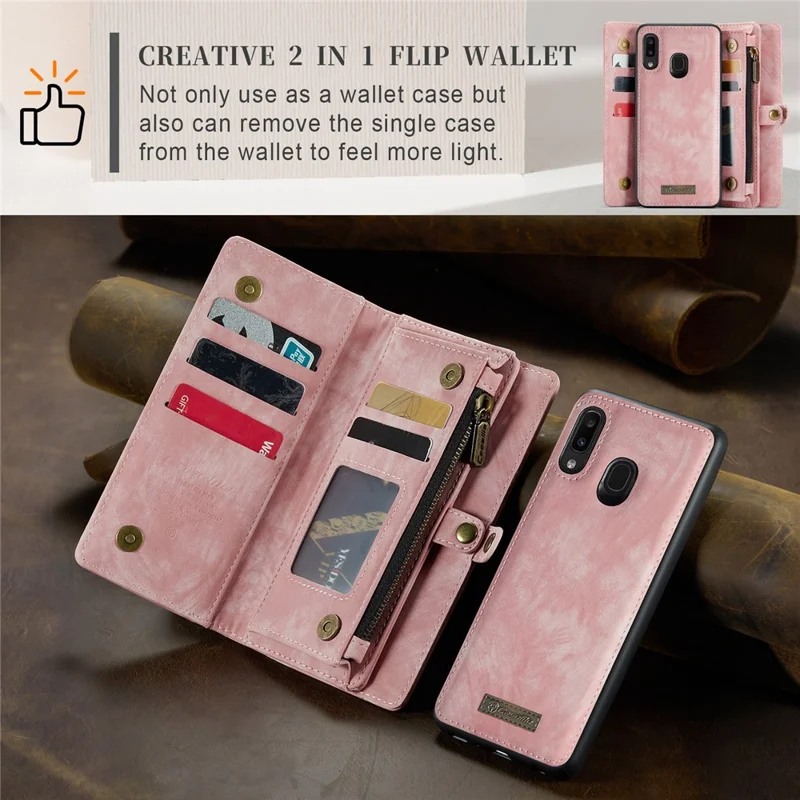 CASEME 008 Series for Samsung Galaxy A20 / 30 PU Leather Magnetic Detachable Zipper Case Multi-slot Wallet Stand Flip Phone Cover - Pink