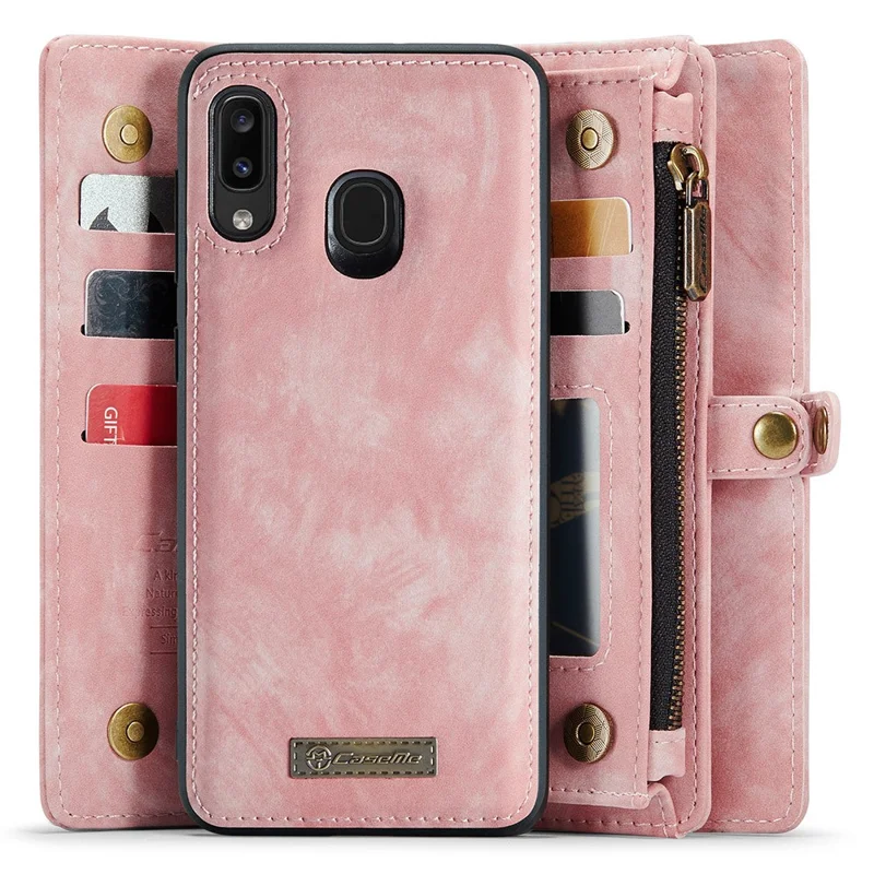 CASEME 008 Series for Samsung Galaxy A20 / 30 PU Leather Magnetic Detachable Zipper Case Multi-slot Wallet Stand Flip Phone Cover - Pink