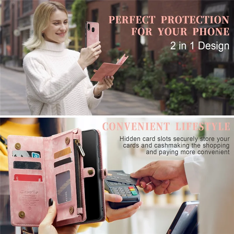 CASEME 008 Series for Samsung Galaxy A20 / 30 PU Leather Magnetic Detachable Zipper Case Multi-slot Wallet Stand Flip Phone Cover - Pink