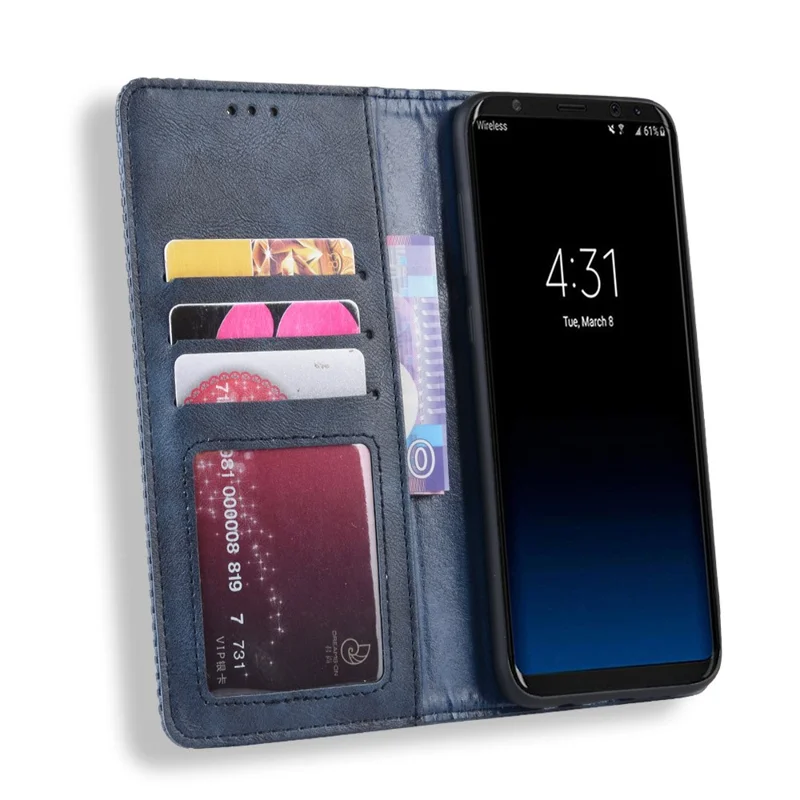 Cáscara De Soporte De Cuero Vintage Absorbido Automático Para Samsung Galaxy S8 - Azul