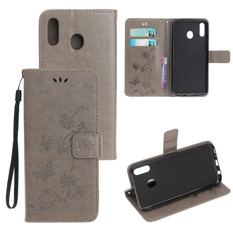 Impresión Flores de Mariposa Case de Billetera de Cuero Para Samsung Galaxy A20e - Gris