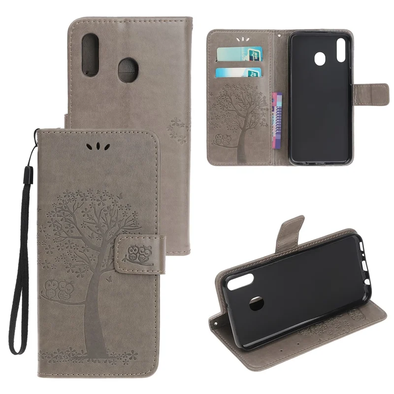 Imprint Tree+Owl Leather Wallet Phone Case for Samsung Galaxy A20e - Grey