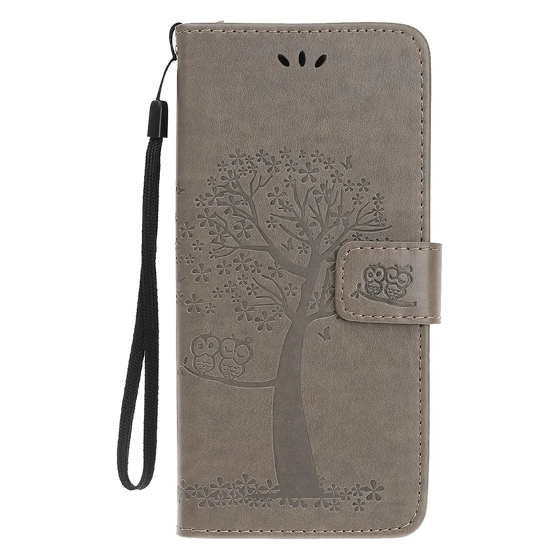 Imprint Tree+Owl Leather Wallet Phone Case for Samsung Galaxy A20e - Grey