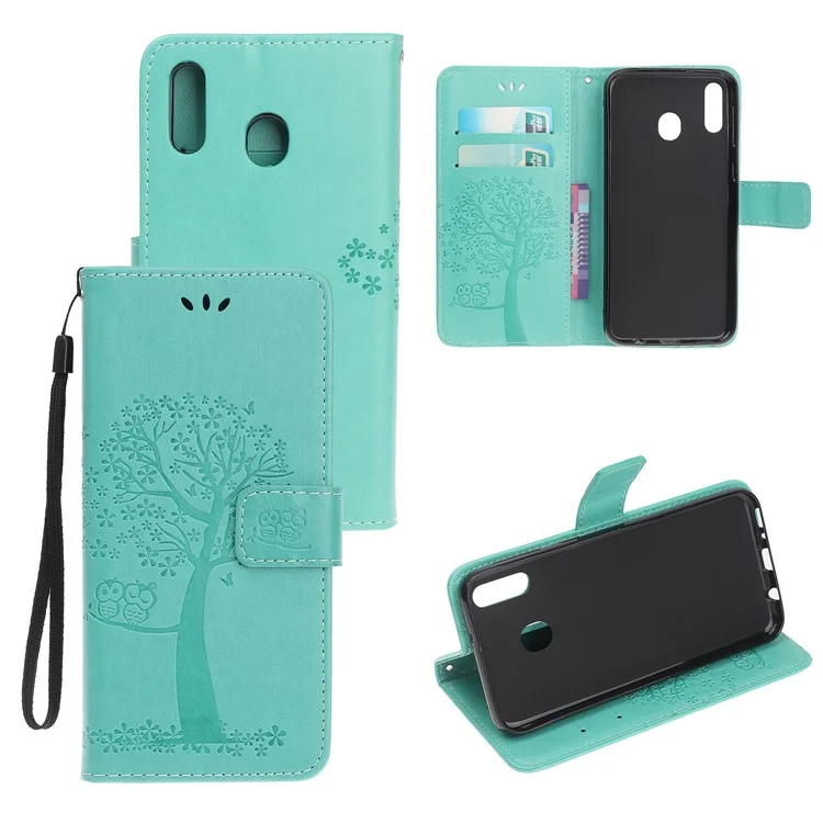 Imprint Tree + Owl le Cuir Portefeuille Case de Téléphone Pour Samsung Galaxy A20e - Vert