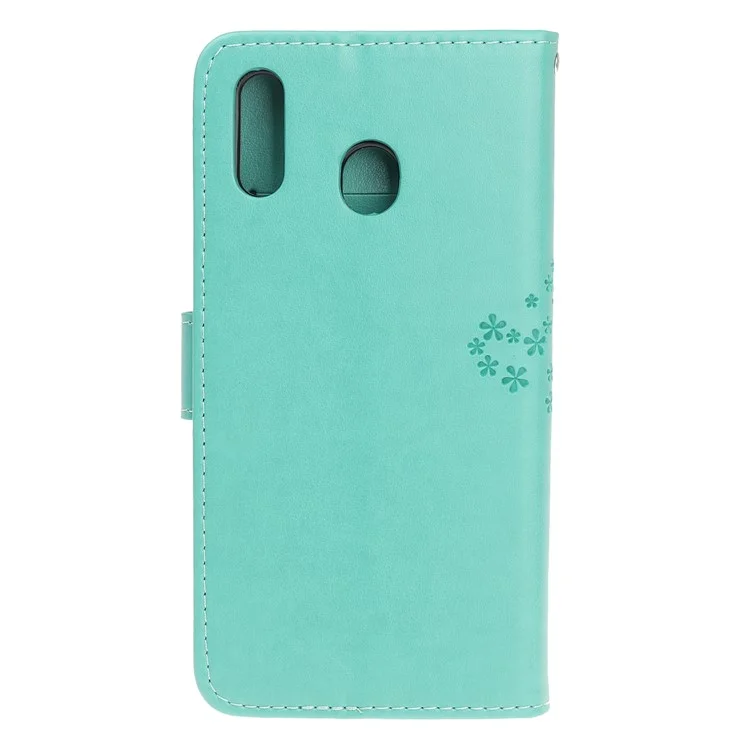 Imprint Tree + Owl le Cuir Portefeuille Case de Téléphone Pour Samsung Galaxy A20e - Vert