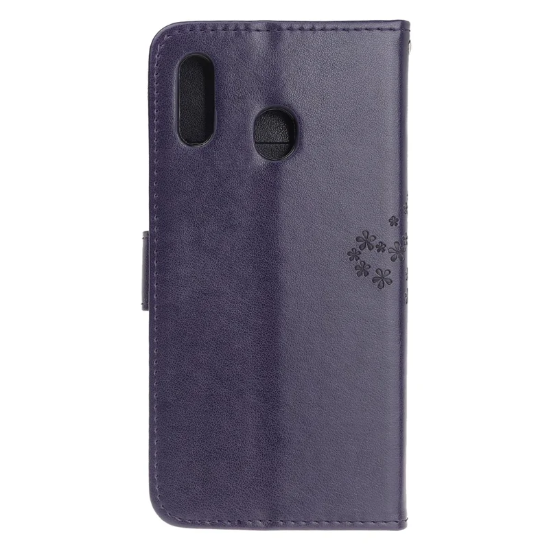Imprint Tree+Owl Leather Wallet Phone Case for Samsung Galaxy A20e - Dark Purple