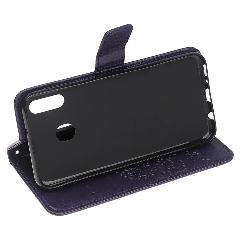 Imprint Tree+Owl Leather Wallet Phone Case for Samsung Galaxy A20e - Dark Purple