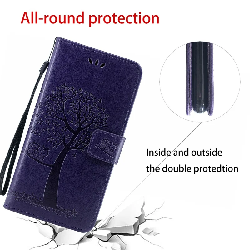 Imprint Tree+Owl Leather Wallet Phone Case for Samsung Galaxy A20e - Dark Purple