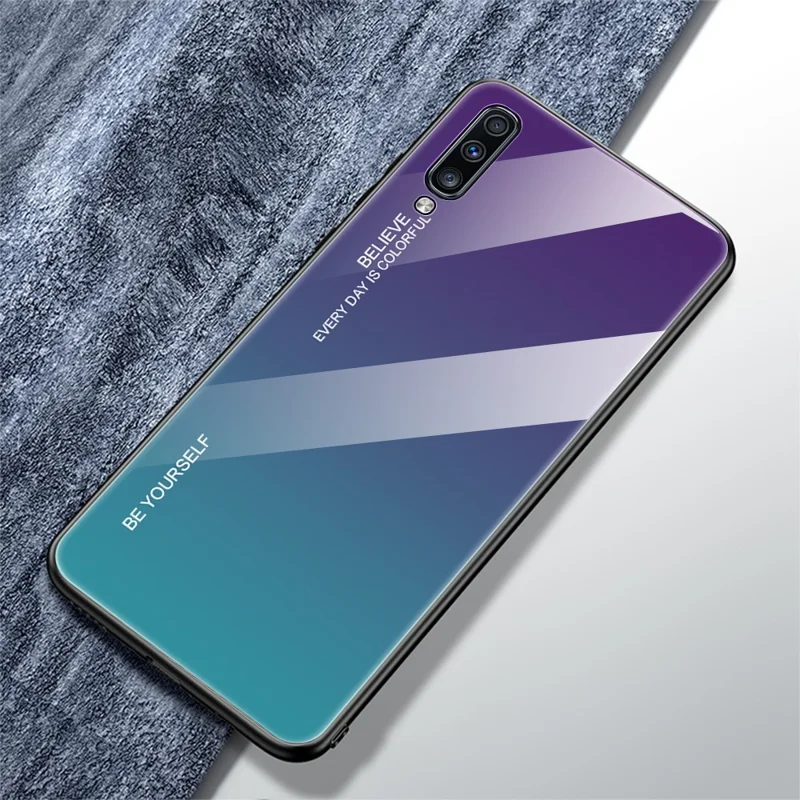 Gradient Color Glass + TPU Hybrid Case for Samsung Galaxy A70 - Purple / Blue