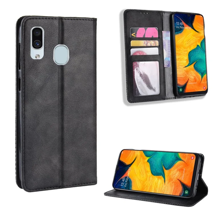 Auto-absorbed Vintage Style PU Leather Wallet Phone Case for Samsung Galaxy A20e - Black