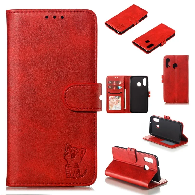 Para Samsung Galaxy A40 Capa de Carteira de Couro com Padrão de Gato Impresso - Vermelho