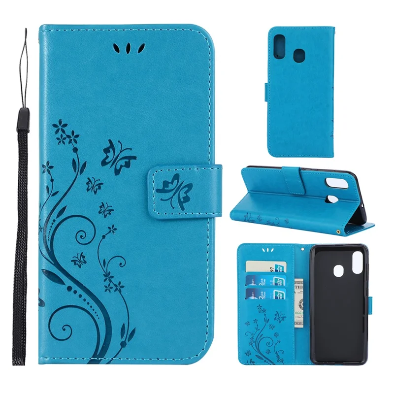 Imprint Butterfly Flowers Leather Phone Cover for Samsung Galaxy A30 / A20 - Blue