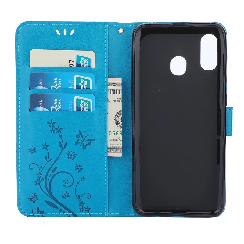 Imprint Butterfly Flowers Leather Phone Cover for Samsung Galaxy A30 / A20 - Blue