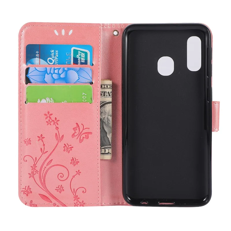 Imprint Butterfly Flowers Leather Phone Case for Samsung Galaxy A20e - Rose Gold