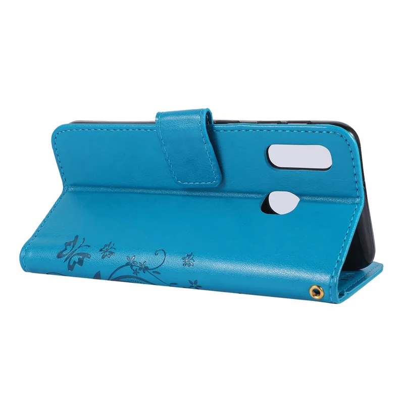 Imprint Butterfly Flowers Leather Phone Case for Samsung Galaxy A20e - Blue