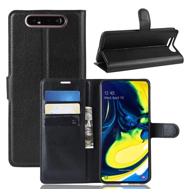 Case de Support en Cuir de Portefeuille de Peau Litchi Pour Samsung Galaxy A80 / A90 - le Noir