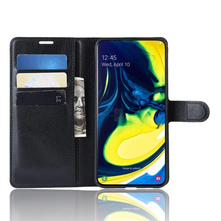 Litchi Skin Wallet Stand Stand Para Samsung Galaxy A80/A90 - Preto