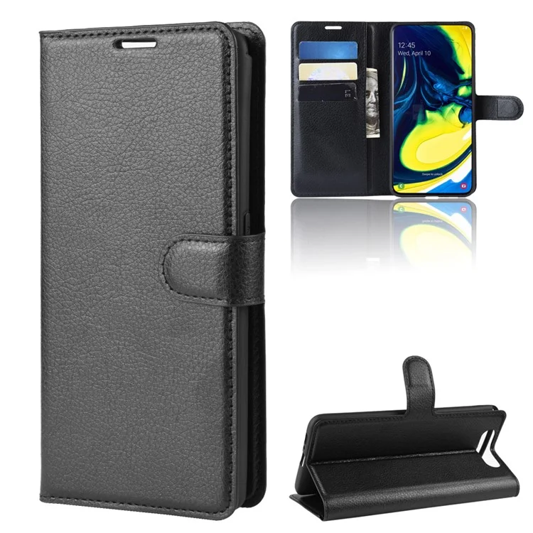 Case de Support en Cuir de Portefeuille de Peau Litchi Pour Samsung Galaxy A80 / A90 - le Noir