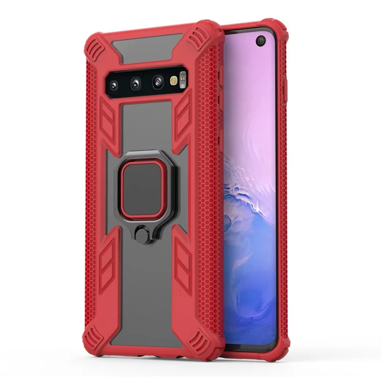 Warrior Style Rotating Ring Kickstand PC+TPU Hybrid Case for Samsung Galaxy S10 Plus - Red