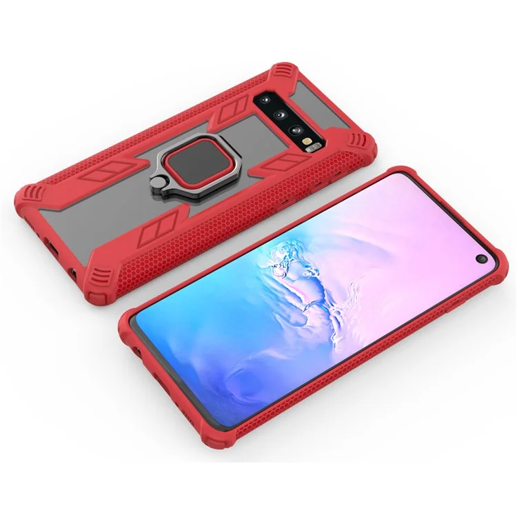 Warrior Style Rotating Ring Kickstand PC+TPU Hybrid Case for Samsung Galaxy S10 Plus - Red
