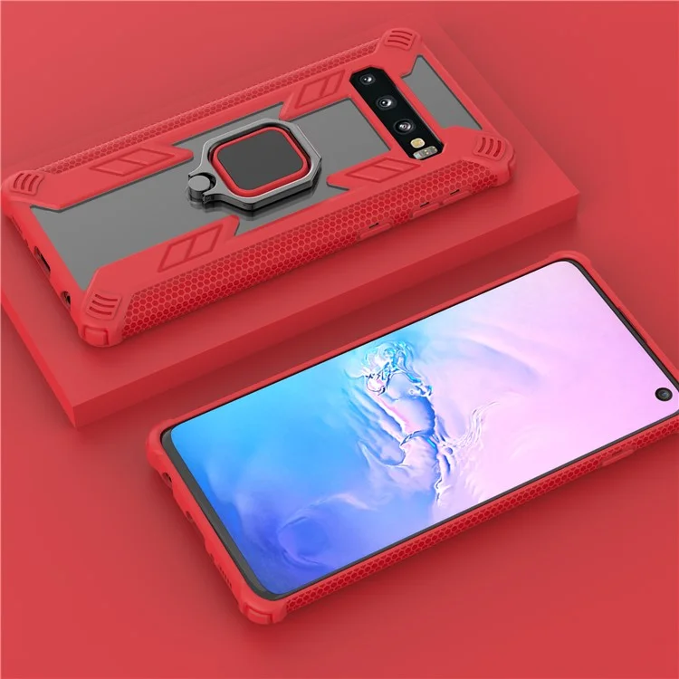 Warrior Style Rotating Ring Kickstand PC+TPU Hybrid Case for Samsung Galaxy S10 Plus - Red