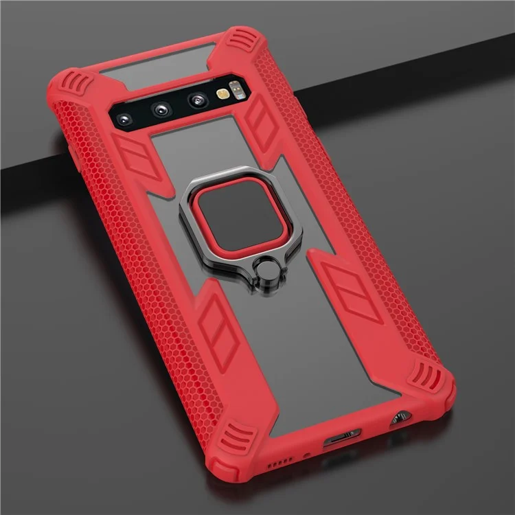 Warrior Style Rotating Ring Kickstand PC+TPU Hybrid Case for Samsung Galaxy S10 Plus - Red
