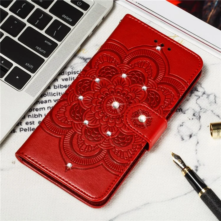 Shiny Diamond Imprint Flower Leather Phone Cover for Samsung Galaxy A20e - Red