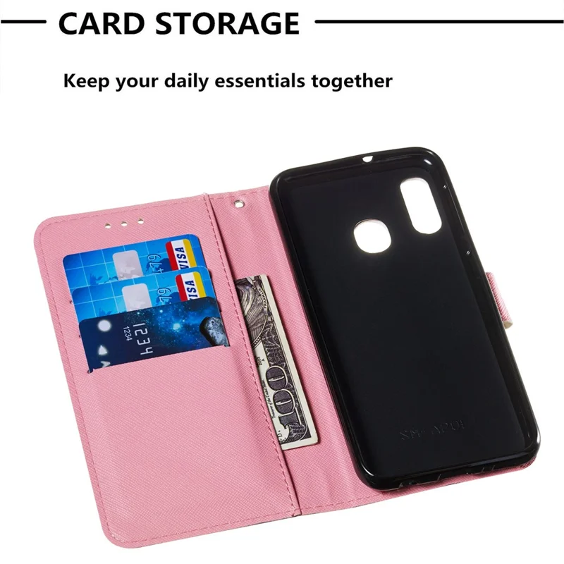 Läderlufte med 3D-målade mönster och kortplats för Samsung Galaxy A20e / A10e - Röda fjärilar